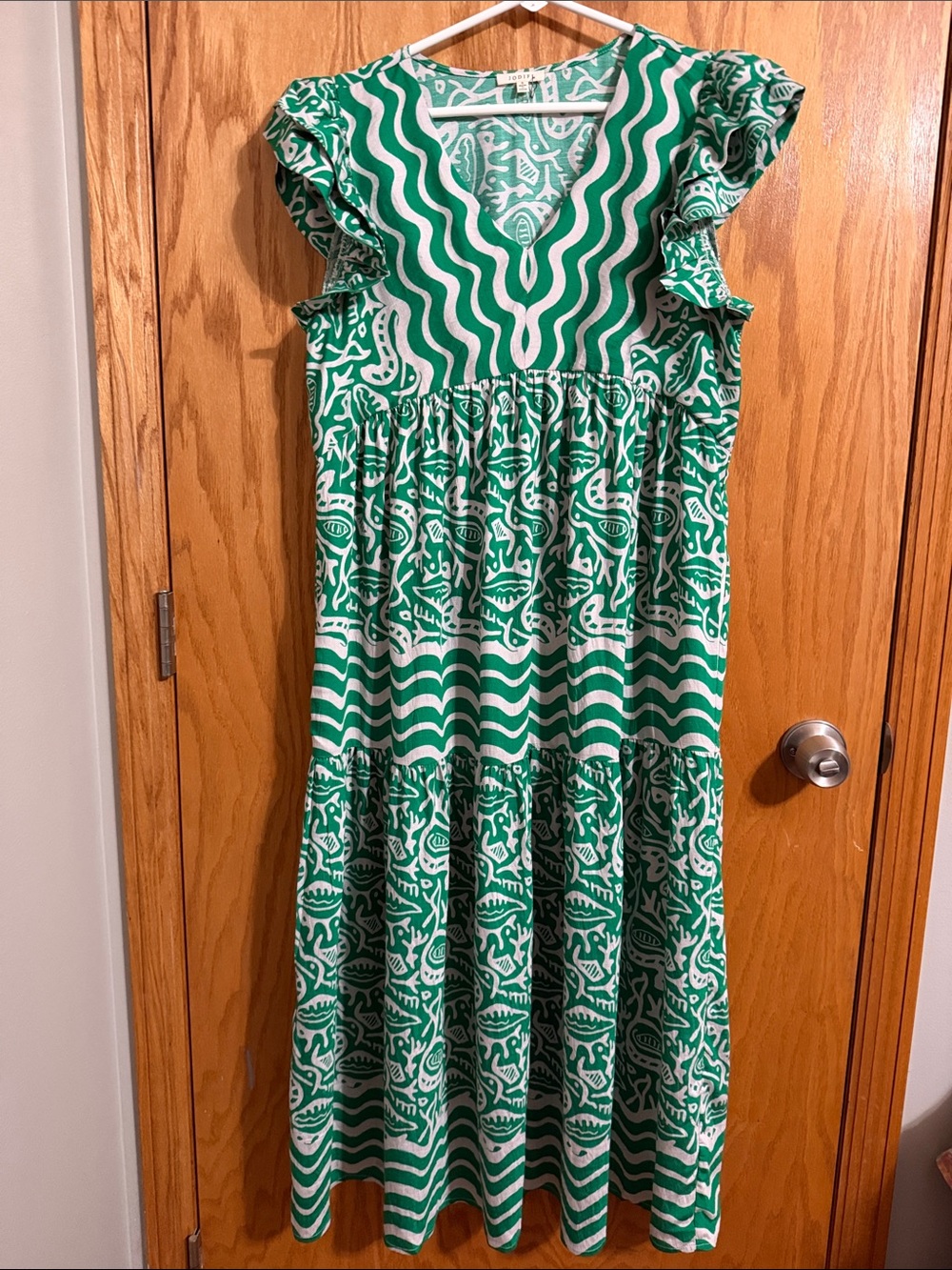 JODIFL Green Patterned Tiered Dress with Ruffle Sleeves and Pockets